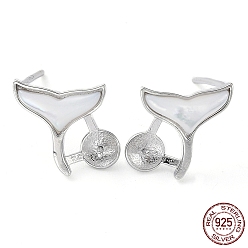 Real Platinum Plated Rhodium Plated 925 Sterling Silver Stud Earring Findings, with Shell & S925 Stamp, for Half Drilled Pearl Beads, Fishtail, Real Platinum Plated, 10x10mm, Pin: 0.7mm