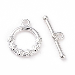 925 Sterling Silver Plated Eco-friendly Brass Toggle Clasps, Cadmium Free & Lead Free, Long-Lasting Plated, Ring with Flower, 925 Sterling Silver Plated, Ring: 13x11x2mm, Bar: 4.5x16x1.5mm, Hole: 1.2mm