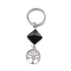 Obsidienne Porte-clés pendentif détachable pyramide d'obsidienne naturelle, Breloque arbre de vie en métal pour ornements de sac à clés de voiture, 6.6x2 cm