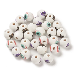 Blanc Perles européennes en bois imprimé halloween, Perles avec un grand trou   , ronde, blanc, 15.5~16x14.5mm, Trou: 4mm