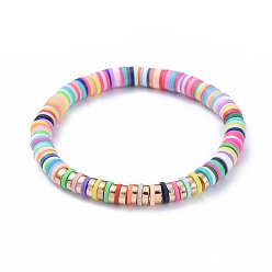 Colorful Handmade Polymer Clay Heishi Beads Stretch Bracelets, with Non-magnetic Synthetic Hematite Beads, Colorful, Inner Diameter: 2-1/8 inch(5.5cm)