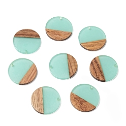 Turquoise Pâle Pendentifs en bois de résine et de noyer, plat rond, turquoise pale, 28.5x3.5~4mm, Trou: 1.5mm