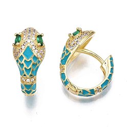 Deep Sky Blue Green Cubic Zirconia Snake Huggie Hoop Earring, Real 18K Gold Plated Brass Enamel Chunky Hoop Earrings for Women, Nickel Free, Deep Sky Blue, 20x18.5x10mm, Pin: 1.5mm