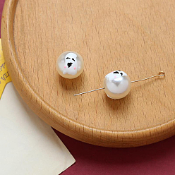 White Halloween Resin Imitation Pearl Beads, Enamel Style, Round with Ghost Pattern, White, 12mm