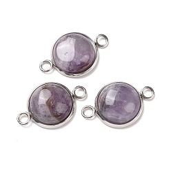 Amethyst Natural Amethyst Connector Charms, Half Round Links, with Stainless Steel Color Tone 304 Stainless Steel Findings, 14x22x5.5mm, Hole: 2mm