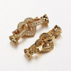 Golden Long-Lasting Plated Brass Micro Pave Cubic Zirconia Fold Over Clasps, Heart, Golden, 31mm