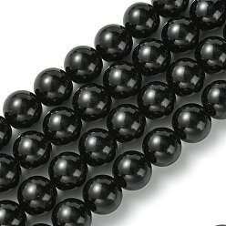 Noir Brins de perles rondes en verre teinté écologique, Grade a, cordon en coton fileté, noir, 12mm, Trou: 0.7~1.1mm, Environ 34 pcs/chapelet, 15 pouce