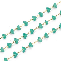 Teal Handmade Glass Beaded Chains, with Golden Tone Brass Findings, Soldered, Long-Lasting Plated, Triangle, Faceted, Teal, 3.5~4x4~4.5x3mm, about 32.8 Feet(10m)/roll