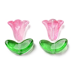 Hot Pink Glass Beads, Morning Glory Flower & Leaf, Hot Pink, 10x10.5x5.5mm, Hole: 1mm, 6.5x14x4.5mm, Hole: 1mm, 20pcs/bag
