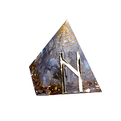 Labradorite Orgonite Pyramid Resin Display Decorations, with Brass Findings, Gold Foil and Natural Labradorite Chips Inside, for Home Office Desk, 50mm