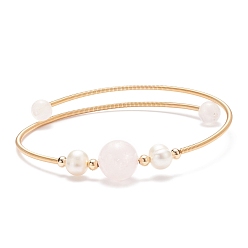 Quartz Rose Bracelet en perles rondes de quartz rose naturel et de perles, bracelet torque en laiton pour femme, or, diamètre intérieur: 2-1/4 pouce (5.6 cm)