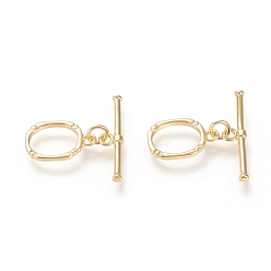 Real 18K Gold Plated Brass Toggle Clasps, with Jump Rings, Long-Lasting Plated, Oval, Real 18K Gold Plated, Oval: 16.5x11x1.7mm, Hole: 2x1.8mm, Bar: 5.5x24.5x2.2mm, Hole: 1.8mm