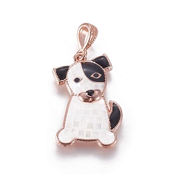 Rose Gold Brass Enamel Puppy Pendants, with Shell Chips, Bulldog, Rose Gold, 25x17x3.5mm, Hole: 3x5mm