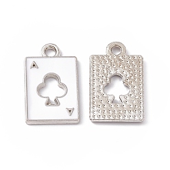 White Alloy Pendant, with Enamel, Rectangle with Ace of Spades Charm, Platinum, White, 18x11x1mm, Hole: 1.8mm