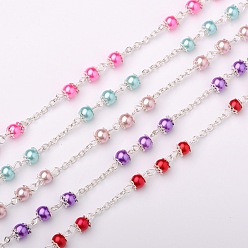 Mixed Color Handmade Round Glass Pearl Beads Chains for Necklaces Bracelets Making, with Iron Beads clasps, Iron Cable Chains and Iron Eye Pin, Unwelded, Silver Color Plated, Mixed Color, 39.3 inch