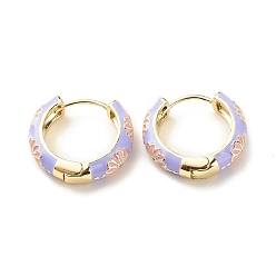 Lilac Daisy Flower Enamel Hoop Earrings, Gold Plated Brass Hinged Earrings for Women, Lilac, 20x22x5mm, Pin: 0.9mm