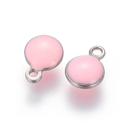Pink 304 Stainless Steel Enamel Charms, Enamelled Sequins, Flat Round, Stainless Steel Color, Pink, 13.5x10x3.5~4mm, Hole: 1.4mm