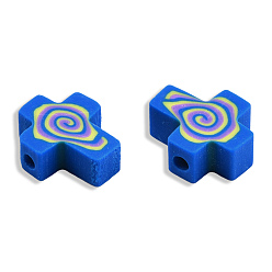 Azul Abalorios de la arcilla de polímero hechos a mano, cruzar, azul, 12x10x4.5 mm, agujero: 1.6 mm