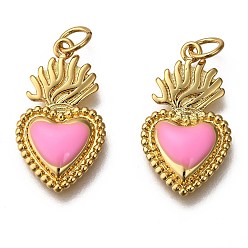 Perlas de Color Rosa Colgantes de esmalte dorado de latón, con anillos de salto, larga duración plateado, corazón, rosa perla, 22x12x3 mm, agujero: 3.5 mm