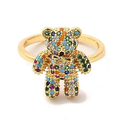 Colorful Cubic Zirconia Bear Open Cuff Ring, Golden Brass Jewelry for Women, Colorful, US Size 7 1/4(17.5mm)