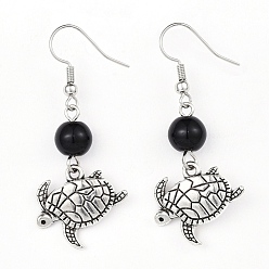 Noir Alliage Pendants d'oreilles, avec des perles en verre et des crochets de boucles d'oreilles en laiton, tortue de mer, noir, 48.5mm, pin: 0.6 mm
