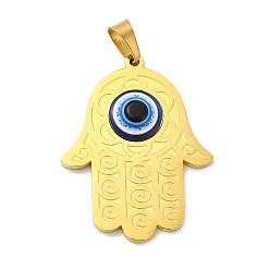 Golden Ion Plating(IP) 304 Stainless Steel Pendants, Religion Hamsa Hand Charms with Blue Glitter Enamel, Golden, 44x34x5.5mm, Hole: 8.5x5.5mm