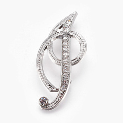 Platinum Alloy Brooches, with Rhinestone, Letter, Letter.I, Platinum, 50x24x3.5mm, Pin: 1mm