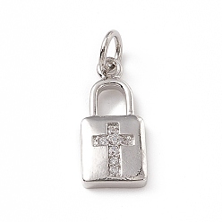 Platinum Brass Micro Pave Cubic Zirconia Pendants, with Jump Ring, Lock with Religion Cross Charm, Platinum, 16.5x7x2mm, Hole: 3mm