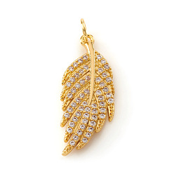 Real 18K Gold Plated Brass Micro Pave Cubic Zirconia Pendants, with Jump Rings, Feather, Clear, Real 18K Gold Plated, 22x8.5x2mm, Jump Ring: 4x0.5mm, Hole: 2.5mm