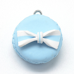 Pale Turquoise Handmade Polymer Clay Pendants, Macarons with Bowknot, Pale Turquoise, 28~30x25~26x16~21mm, Hole: 2mm