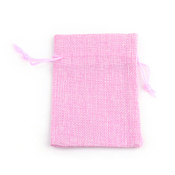 Rose Nacré Sacs en polyester imitation toile de jute sacs à cordon, pour noël, fête de mariage et emballage de bricolage, perle rose, 14x10 cm