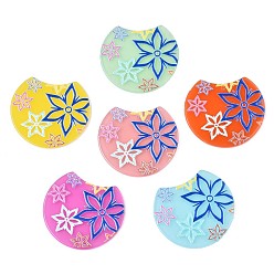 Mixed Color Translucent Cellulose Acetate(Resin) Pendants, 3D Printed, Gap Flat Round with Flower, Mixed Color, 33x36.5x2.5mm, Hole: 1.5mm