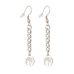 Tree of Life Curb Chains with Charm Long Dangle Earrings, 304 Stainless Steel Jewelry for Women, Tree of Life Pattern, 57mm, Pin: 0.7mm, Pendant: 12x10x1mm