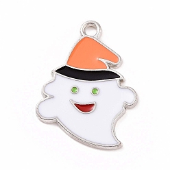White Alloy Enamel Pendants, Platinum, Ghost with Hat Charm, White, 25x19x1.5mm, Hole: 2mm