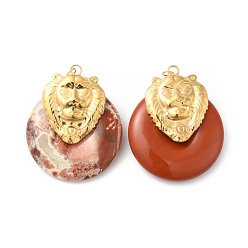 Red Jasper Natural Red Jasper Pendants, Ion Plating(IP) Donut Charm, with Golden Color Plated 304 Stainless Steel Lion Findings and Jump Rings, 36x30x11.5mm, Hole: 3mm