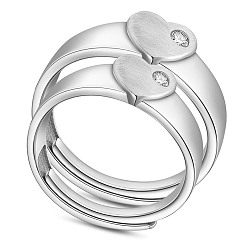 Platinum SHEGRACE 925 Sterling Silver Adjustable Couple Rings, with Cubic Zirconia, Heart, Platinum, Size 9, 19.1mm, Size 7, 17.7mm, 2pcs/set