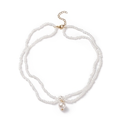 Белый Двухслойное ожерелье с круглой жемчужной ракушкой и стеклянным семенем для женщин, белые, 14.76 дюйм (37.5 см)