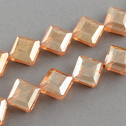 PeachPuff Transparent Electroplate Faceted Glass Beads Strands, Square, PeachPuff, 17x17x7.5mm, Hole: 2mm, about 40pcs/strand, 25.1 inch