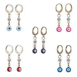 Mixed Color Brass Enamel Evil Eye Hoop Earrings, 304 Stainless Steel Leverback Earring with Polymer Clay Rhinestone Bead for Women, Mixed Color, 33x7mm