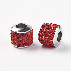 Light Siam 304 Stainless Steel European Beads, with Grade A Rhinestone, Large Hole Beads, Barrel, Light Siam, 10x9.5mm, Hole: 5mm
