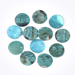 Turquoise Foncé Peinture en aérosol pendentifs shell akoya naturel, pendentifs en nacre, plat rond, turquoise foncé, 15x1~3mm, Trou: 1.1~1.5mm