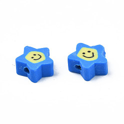 Dodger Blue Handmade Polymer Clay Beads, Star with Smiling Face, Dodger Blue, 7.5~9x8.5~9x3.5~4mm, Hole: 1.6mm