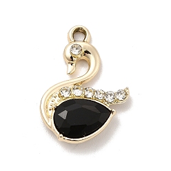 Negro Colgantes de aleación de chapado uv, con diamantes de imitación de cristal y vidrio, dorado, encantos de cisne, negro, 21.5x15x4.5 mm, agujero: 2 mm
