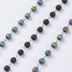 Mixed Color Handmade Electroplated Glass Beaded Chains, with Iron Eye Pin, Round, Unwelded, Platinum, Mixed Color, 39.37 inch(100cm), Link: 13x6x6mm, 1m/strand