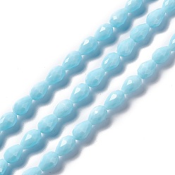 Sky Blue Faceted Glass Beads Strands, Teardrop, Sky Blue, 12x8~9mm, Hole: 1.2mm, about 57pcs/strand, 23.74''(60.3cm)