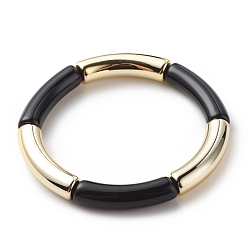 Black Acrylic Curved Tube Beaded Stretch Bracelet for Women, Black, Inner Diameter: 2-1/8 inch(5.3cm)