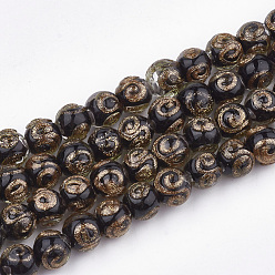 Black Handmade Gold Sand Lampwork Beads, Round, Black, 8~9x7~7.5mm, Hole: 1.5~2mm