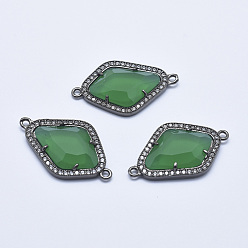 Green Brass Micro Pave Cubic Zirconia Links, with Glass, Faceted, Rhombus, Gunmetal, Green, 33x20x5mm, Hole: 1.6mm