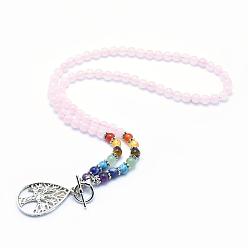 Quartz Rose De style tibétain colliers pendants d'alliage, avec des perles de quartz rose naturelles et des fermoirs à bascule, goutte d'eau avec arbre, 21.2 pouce (54 cm)