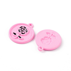 Pink Spray Painted Alloy Pendants, Flat Round with Rose Charm, for Valentine's Day, Pink, 20.5x18x2mm, Hole: 1.5mm